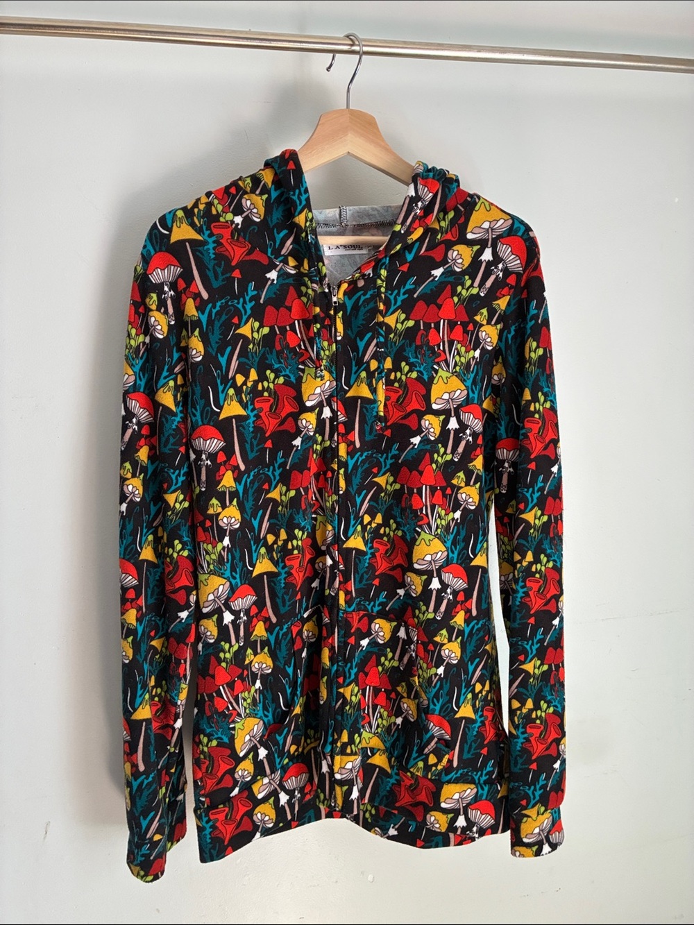 Mushroom Hoodie- Women’s Zip with Multicolor Mushroom Print - XL below the belt